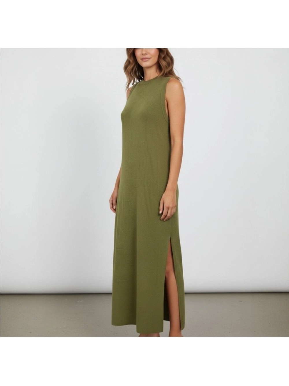 NWT The Drop Gabriela Side Slit Knit Maxi Tanks Dress L Olive Green Amazon